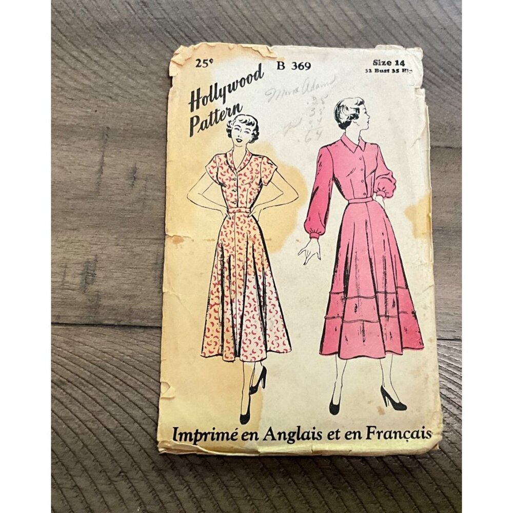 Hollywood Pattern B 369 1940s 40s Dress  Sewing Pattern Front Closing Unprinted